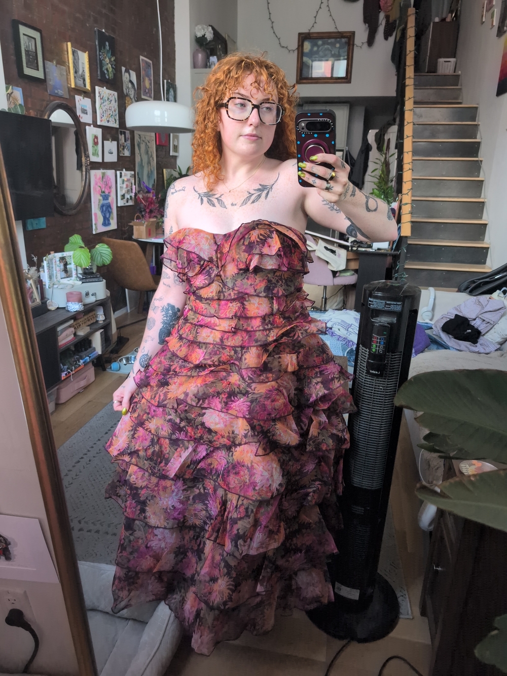BHLDN Pink Multi Floral Strapless Ruffle Tiered Maxi Dress